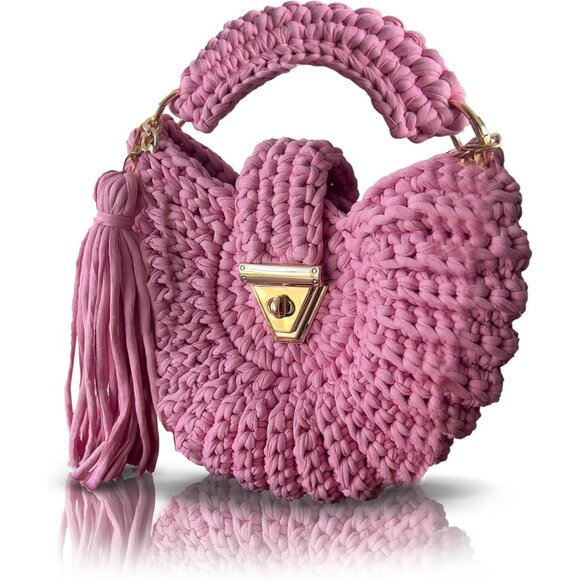 Women's Evening Clutch Handmade Crochet Small Formal Flap Pink Crossbody Bag - Picture 3 of 6